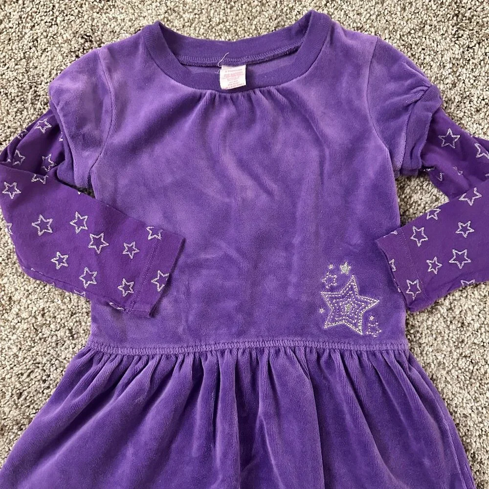 Oshkosh Girl's Purple Velour Dress Toddler 3T Drop Waist Silver Stars Vintage?